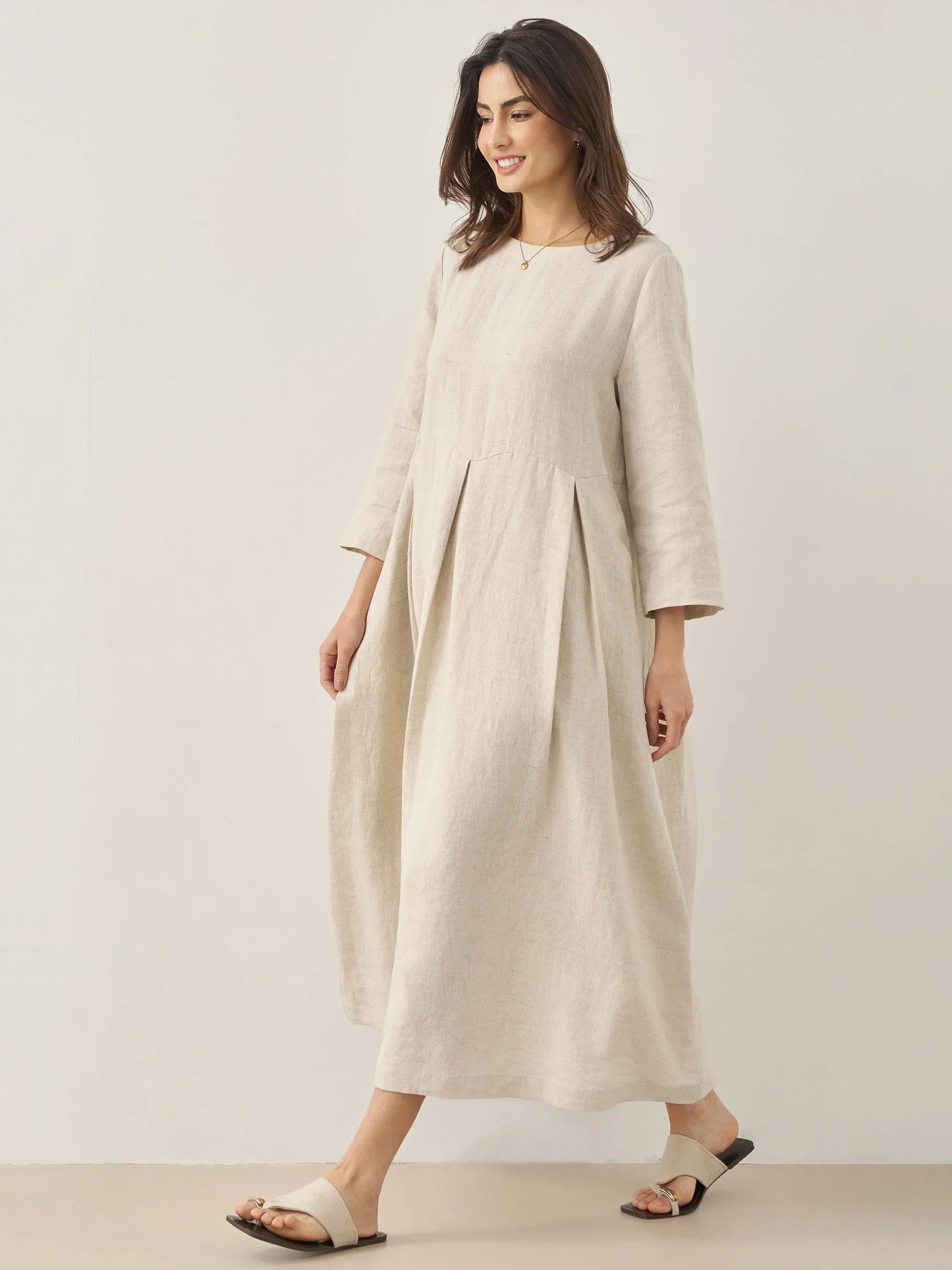 100% Linen Bateau Neck Pleated Maxi Dress ABIGAIL - Seldom Seen Styles