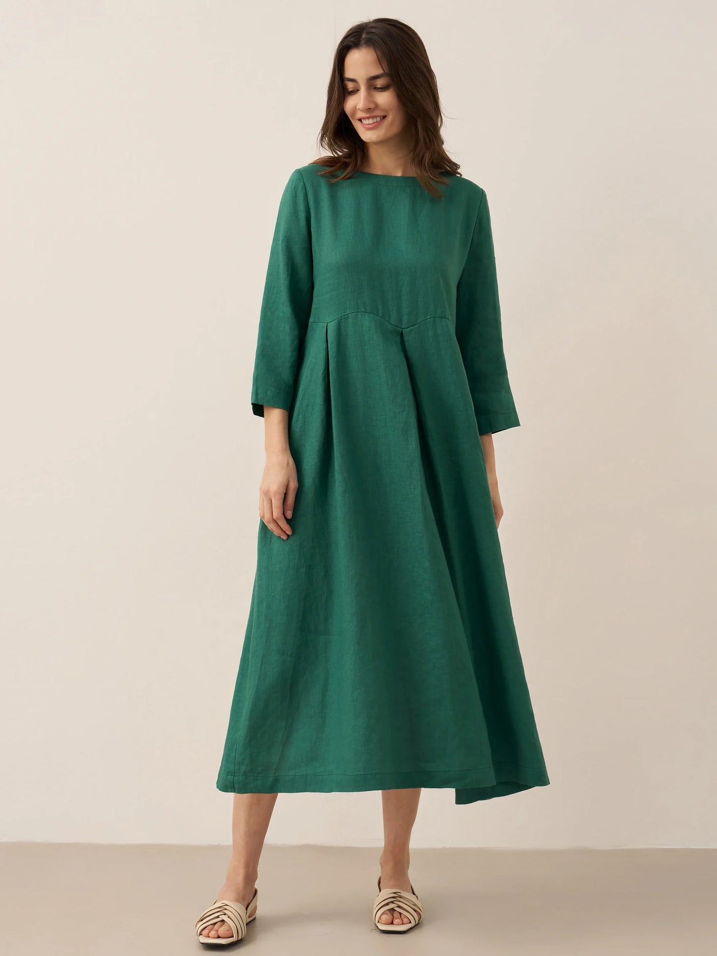 100% Linen Bateau Neck Pleated Maxi Dress ABIGAIL - Seldom Seen Styles
