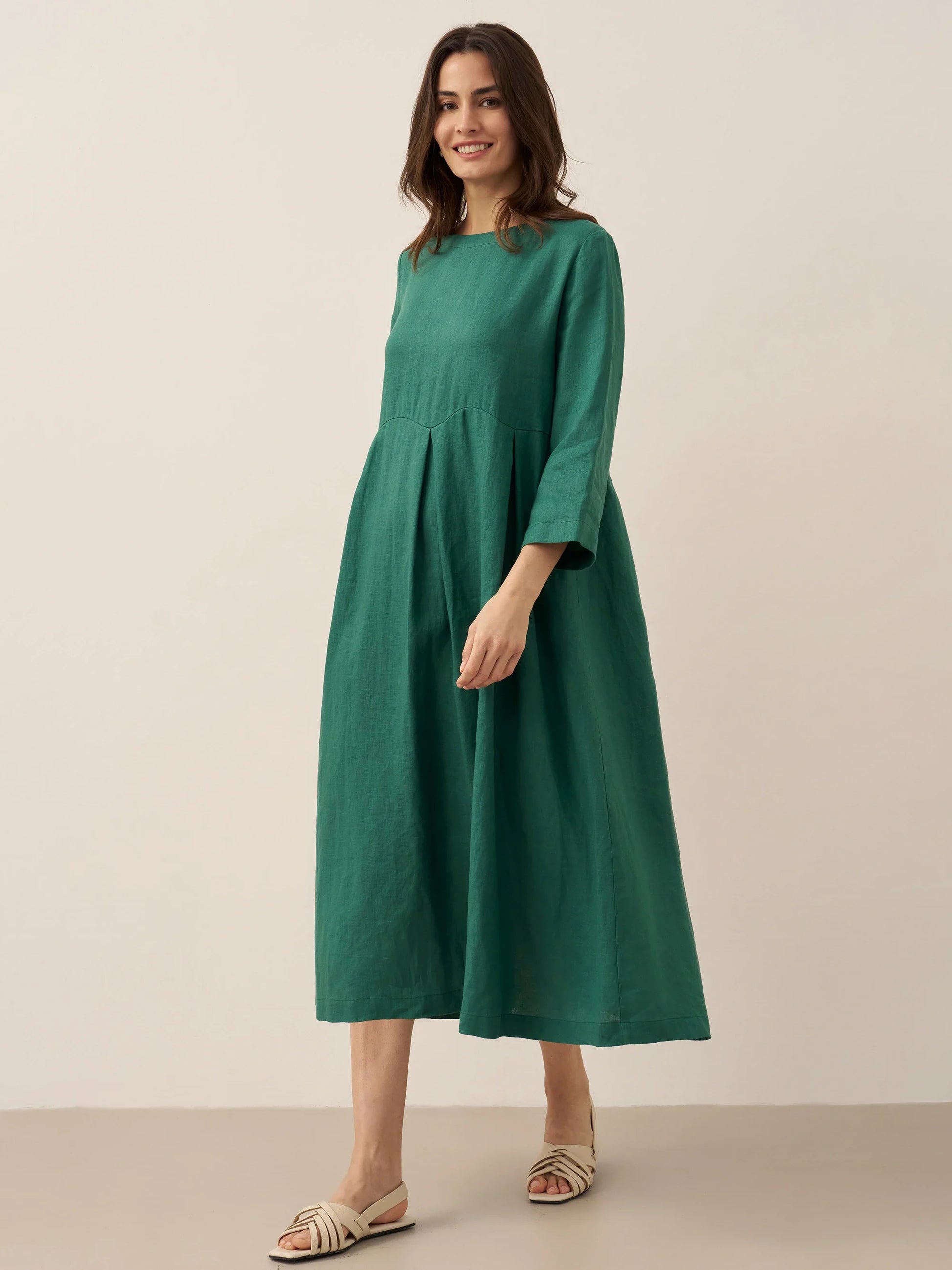 100% Linen Bateau Neck Pleated Maxi Dress ABIGAIL - Seldom Seen Styles