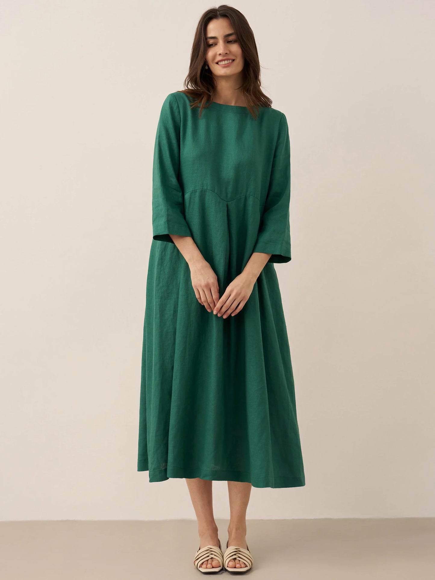 100% Linen Bateau Neck Pleated Maxi Dress ABIGAIL - Seldom Seen Styles