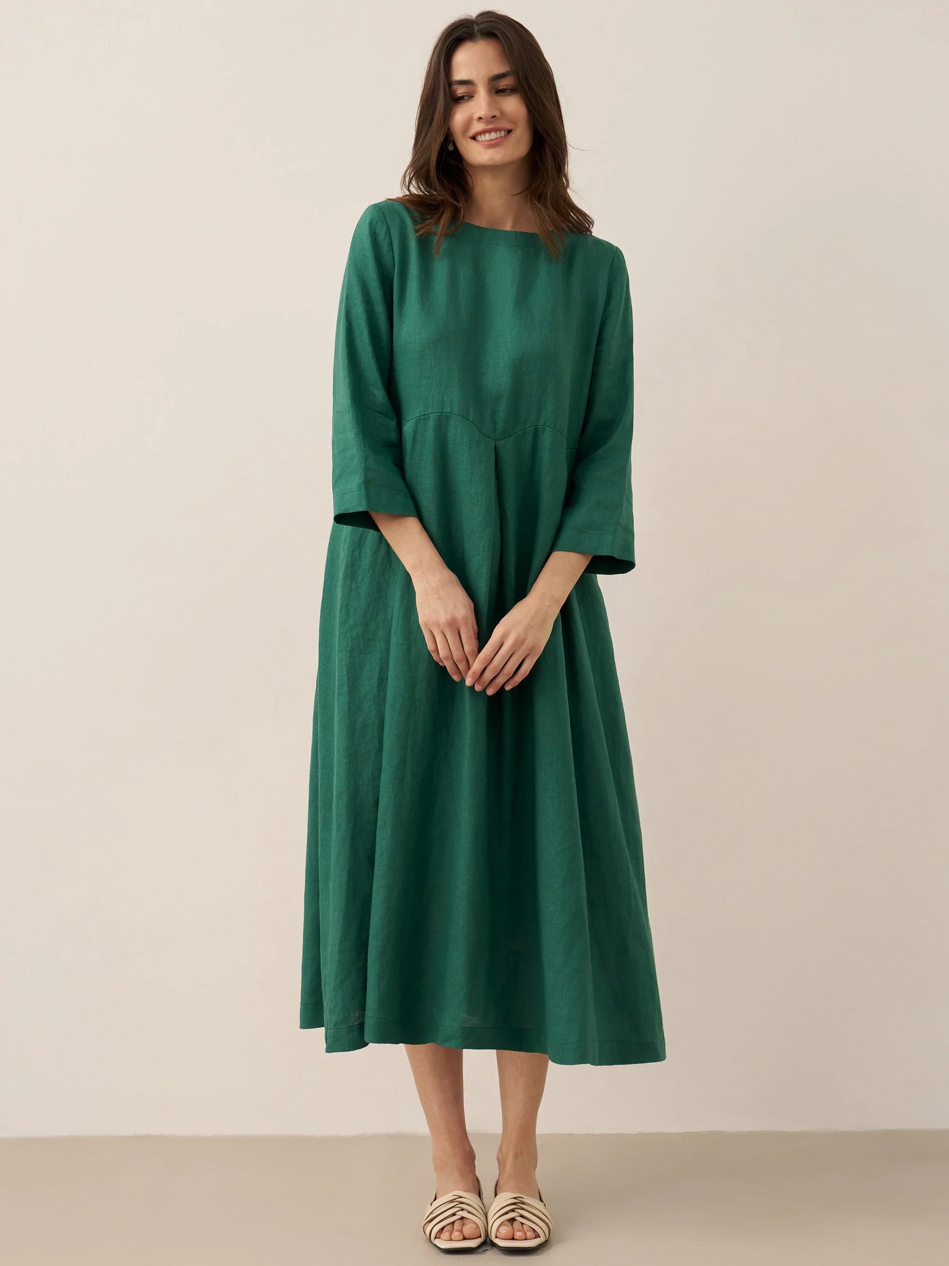 100% Linen Bateau Neck Pleated Maxi Dress ABIGAIL - Seldom Seen Styles