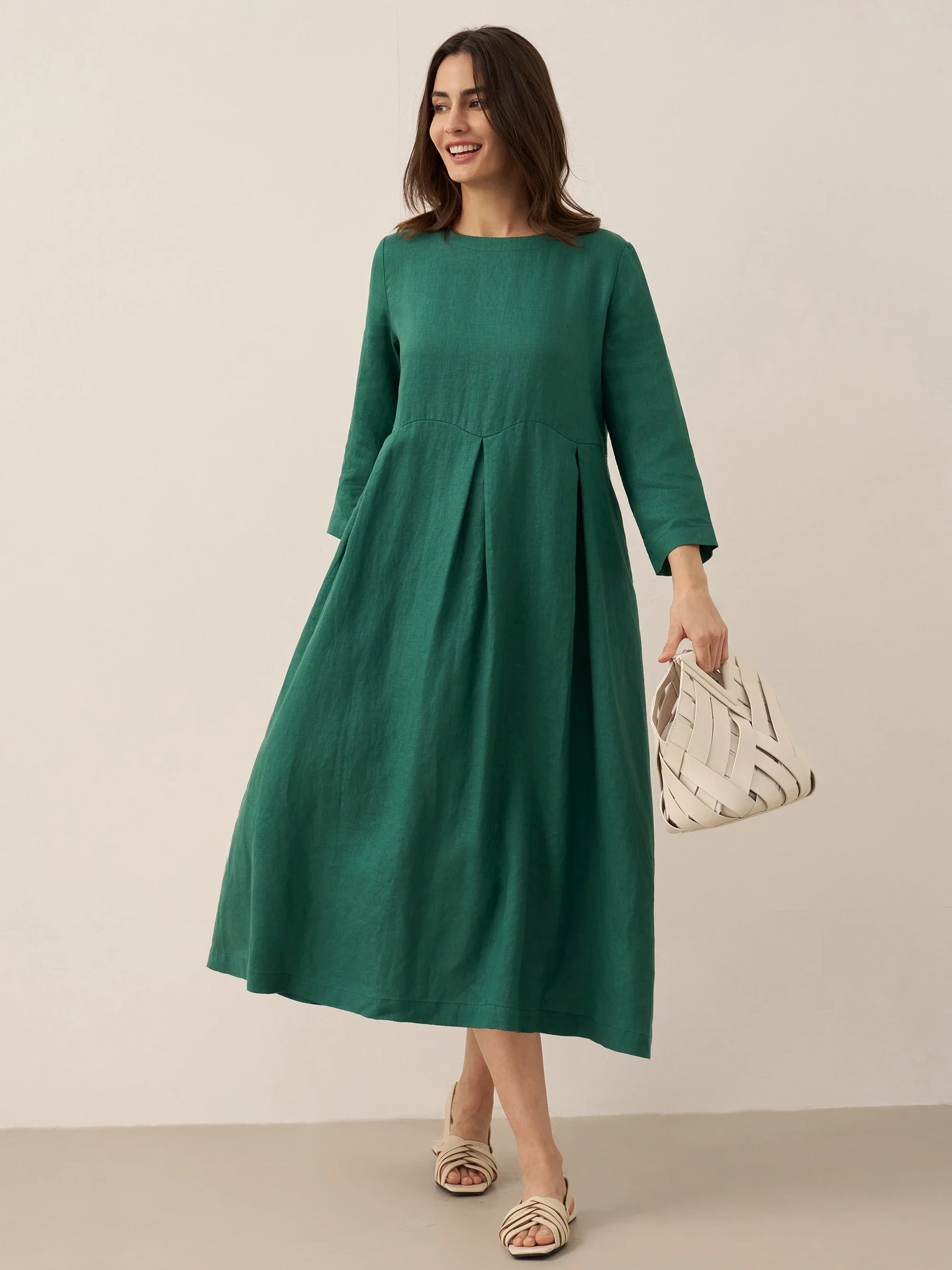 100% Linen Bateau Neck Pleated Maxi Dress ABIGAIL - Seldom Seen Styles