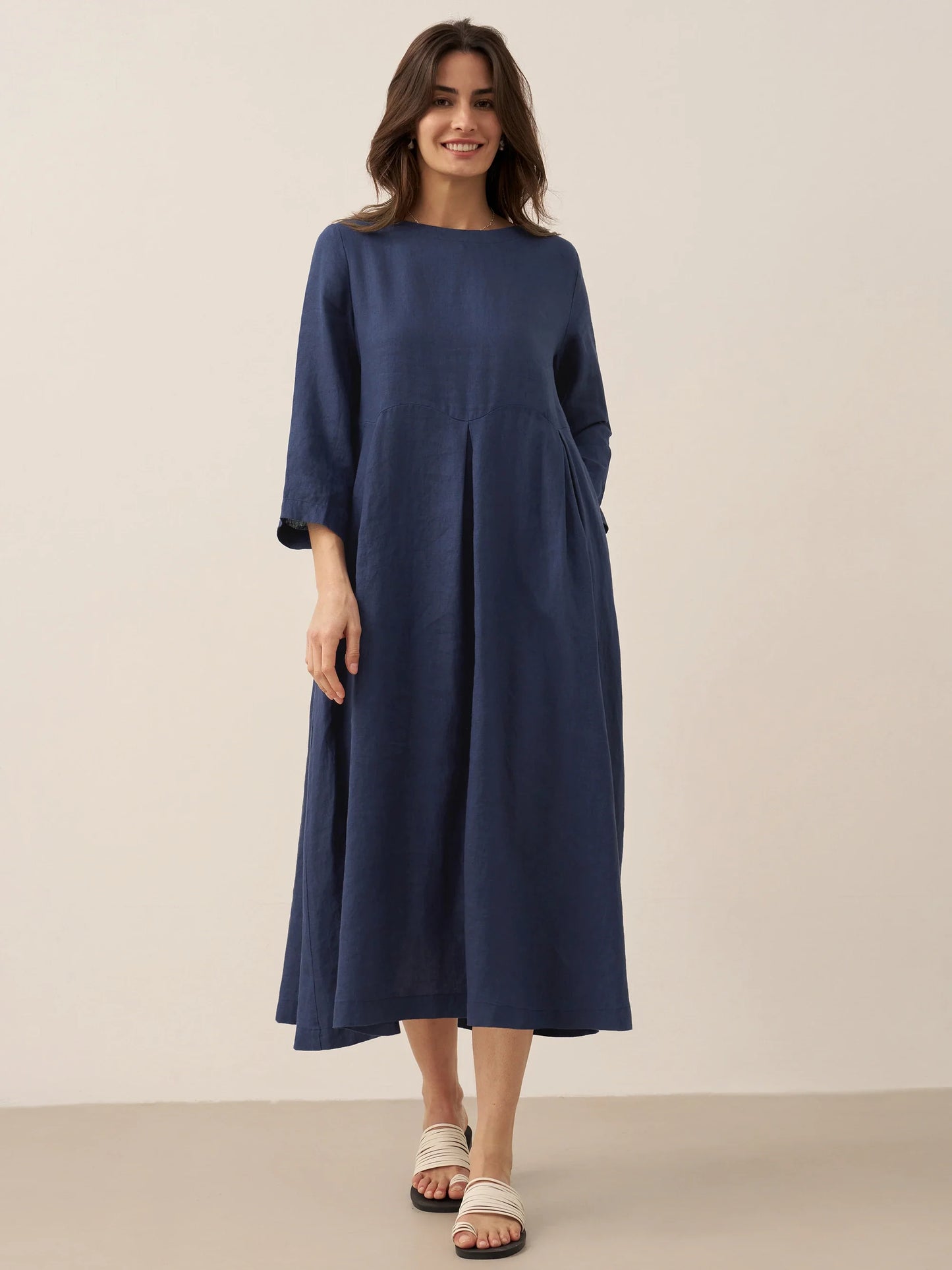 100% Linen Bateau Neck Pleated Maxi Dress ABIGAIL - Seldom Seen Styles