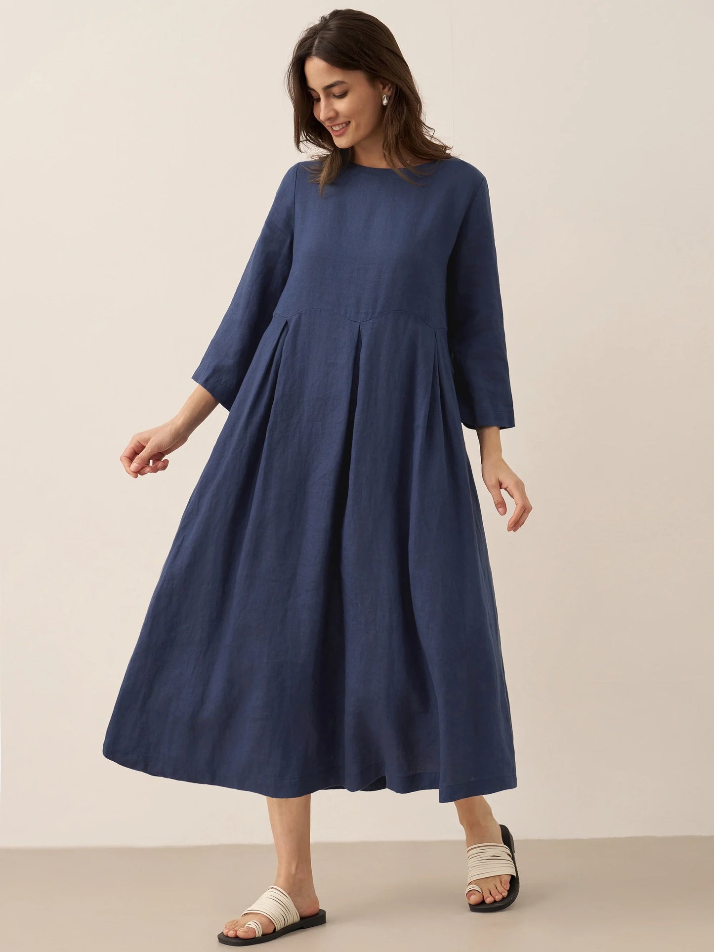 100% Linen Bateau Neck Pleated Maxi Dress ABIGAIL - Seldom Seen Styles