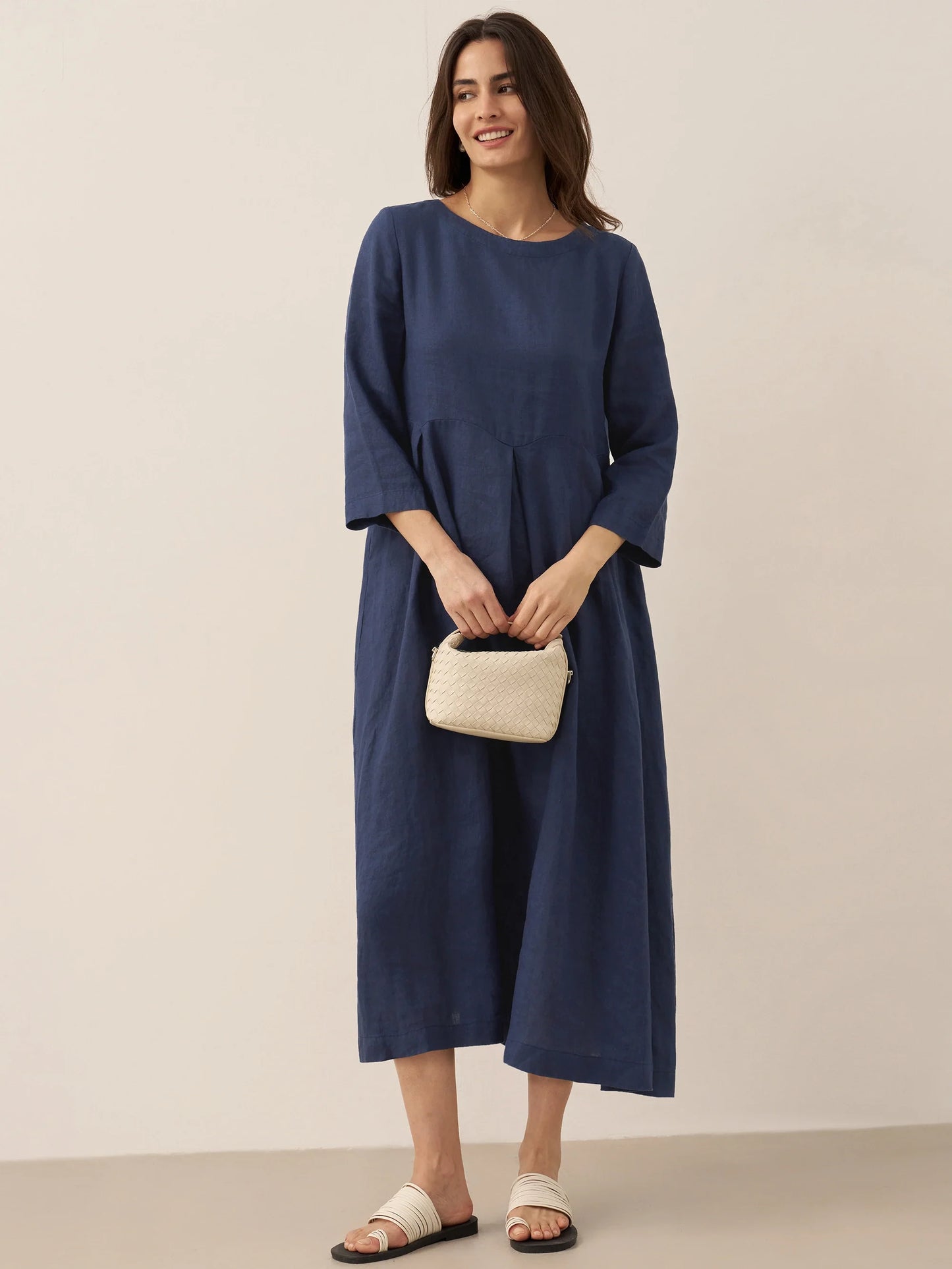 100% Linen Bateau Neck Pleated Maxi Dress ABIGAIL - Seldom Seen Styles