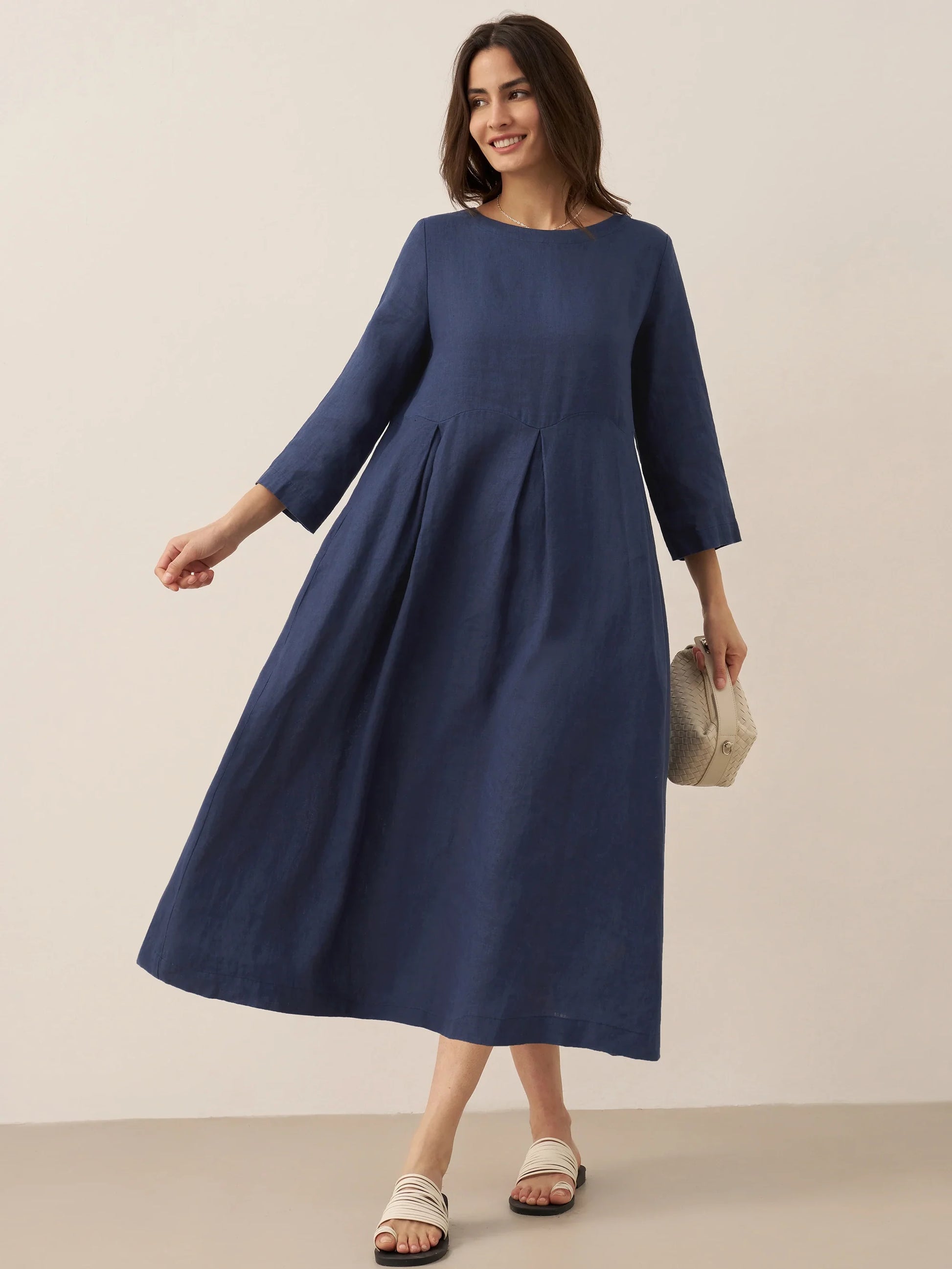 100% Linen Bateau Neck Pleated Maxi Dress ABIGAIL - Seldom Seen Styles