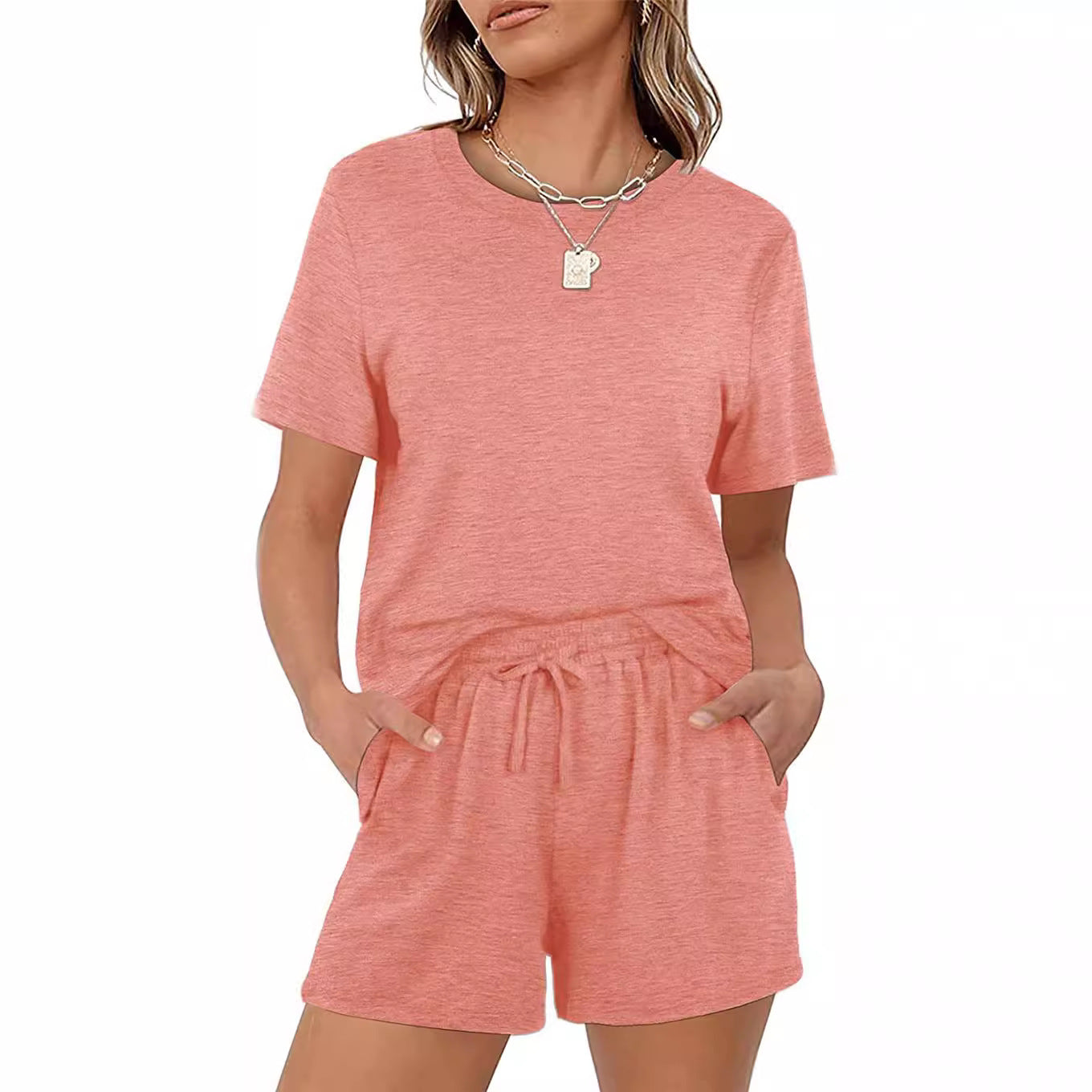 2025Summer New Women's Two-Piece Set Solid Color Short Sleeve T Casual T-shirt and Shorts Set for Women - Seldom Seen Styles