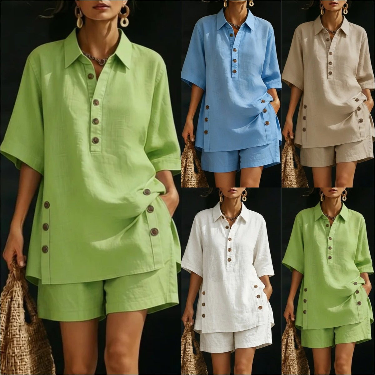 Women's Linen Two Piece Set Half Sleeve Button Tunic Top Shorts Casual Summer Beach Vacation Lounge Outfit