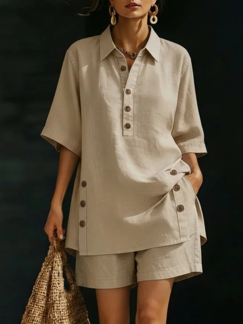 Women's Linen Two Piece Set Half Sleeve Button Tunic Top Shorts Casual Summer Beach Vacation Lounge Outfit