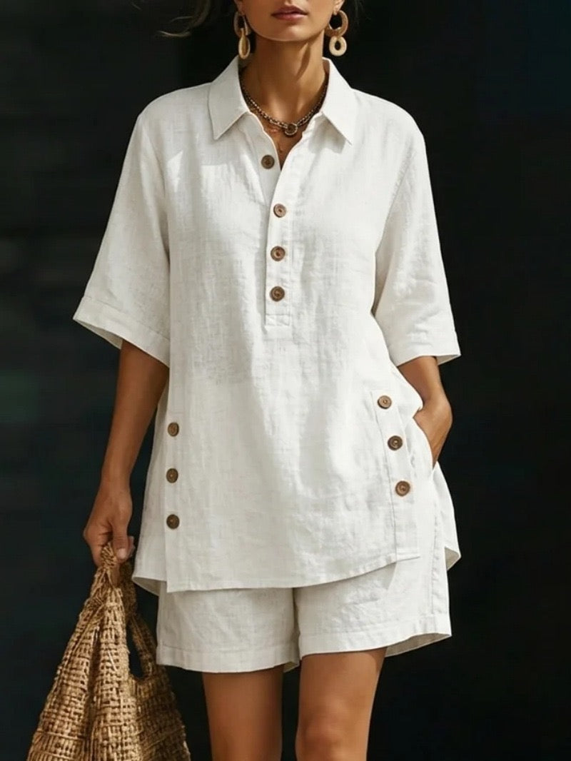 Women's Linen Two Piece Set Half Sleeve Button Tunic Top Shorts Casual Summer Beach Vacation Lounge Outfit