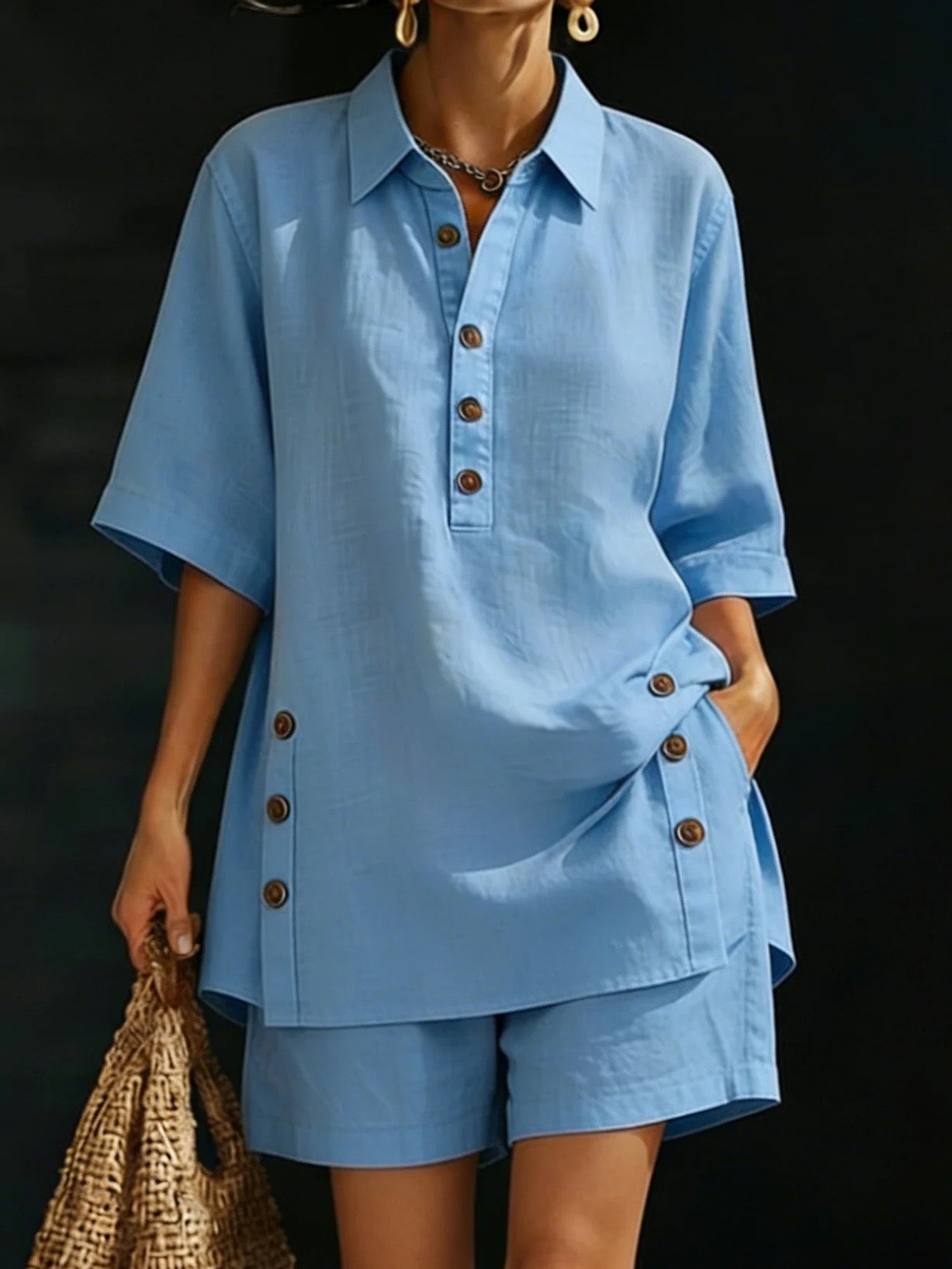 Women's Linen Two Piece Set Half Sleeve Button Tunic Top Shorts Casual Summer Beach Vacation Lounge Outfit