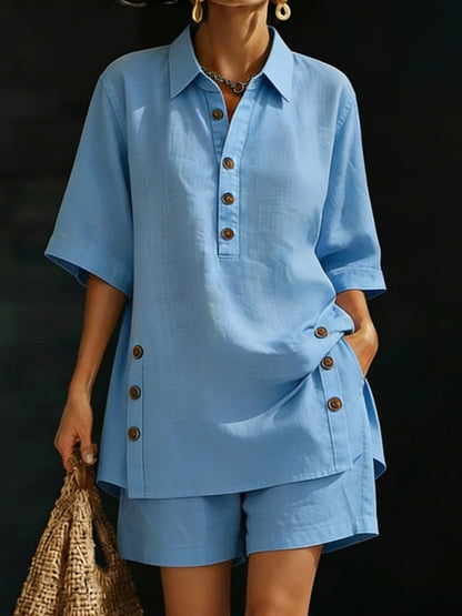 Women's Linen Two Piece Set Half Sleeve Button Tunic Top Shorts Casual Summer Beach Vacation Lounge Outfit