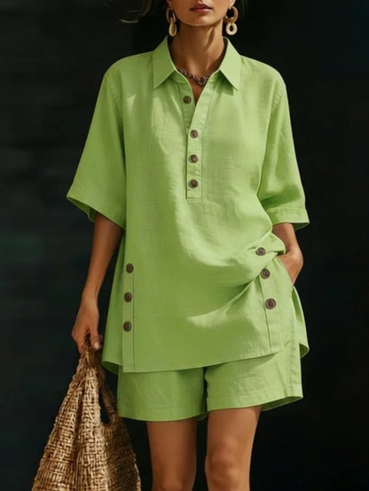 Women's Linen Two Piece Set Half Sleeve Button Tunic Top Shorts Casual Summer Beach Vacation Lounge Outfit