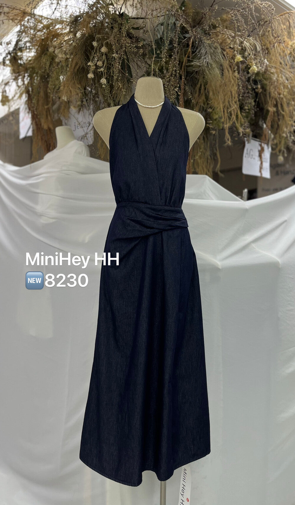 Women's Dark Navy Denim Halter Neck Wrap Ruched Maxi Dress Sleeveless Backless S M L MiniHey HH8230 - Seldom Seen Styles