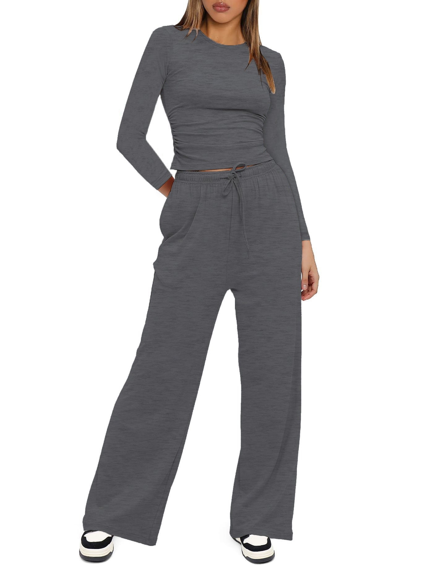 Two-piece Set Women's Solid Ruched Tee & Drawstring Pocket Pants Pajamas Set, Casual Long Sleeve T-shirt & Elastic Waist Trousers, Ladies Sleepwear  Loungewear for All Seasons - Seldom Seen Styles