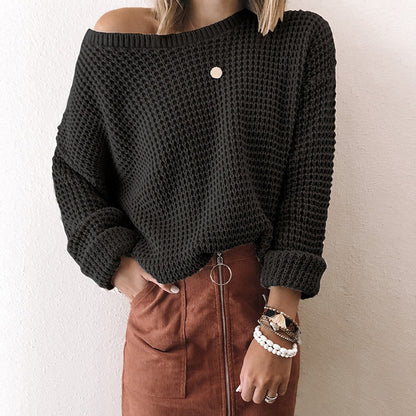 New Sweater Women's Solid Color Loose Diagonal Collar Long-Sleeved Knitted Top  Autumn and Winter Sweater