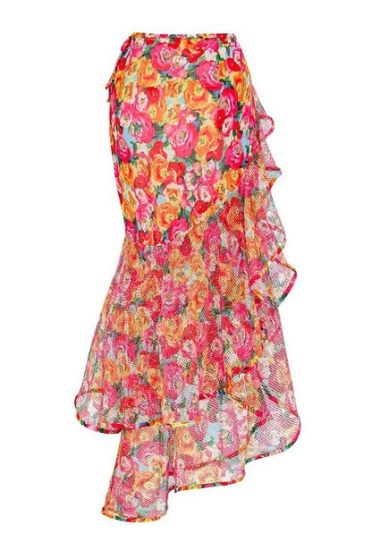 3D Floral Print Swimsuit & Skirt Set