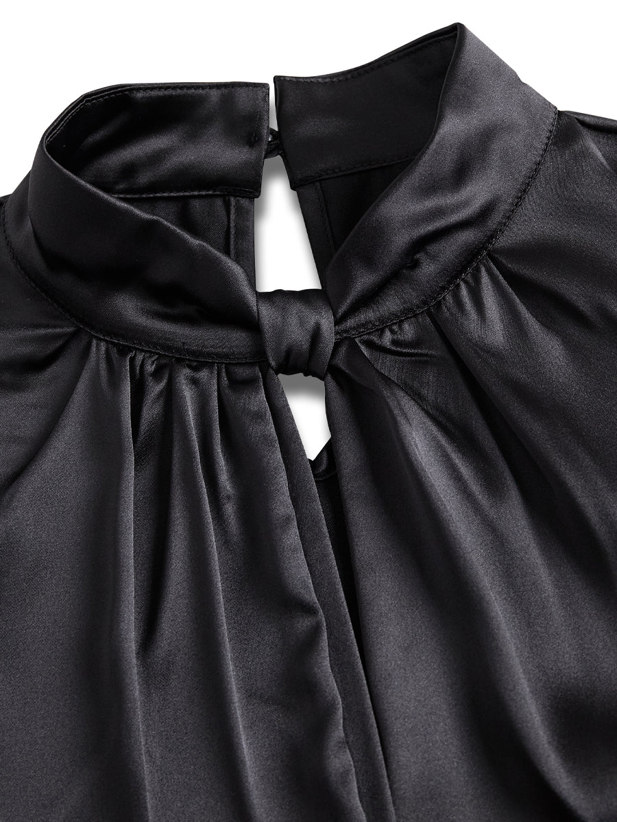 Sophisticated White Satin Blouse with Modern Keyhole Neckline - Seldom Seen Styles