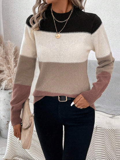 Autumn Winter Contrast Color Sweater  Women's Pullover round Neck Long Sleeves Knitwear Casual All-Matching Tops