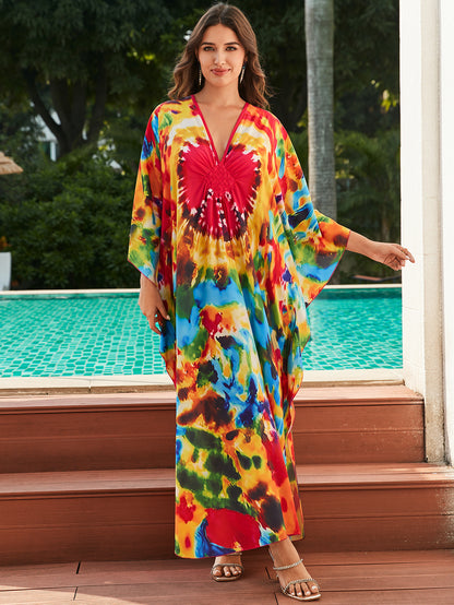 [Plus Size] Butterfly/feather Print Ruched Split Hem Tunic Dress, Valentine's Day Elegant Batwing Sleeve V Neck Long Dress for Summer, Casual Womenswear, Gift, Homecoming Dresses, Women's Clothes for Beach Holiday Vacation, Moo Moo Dresses