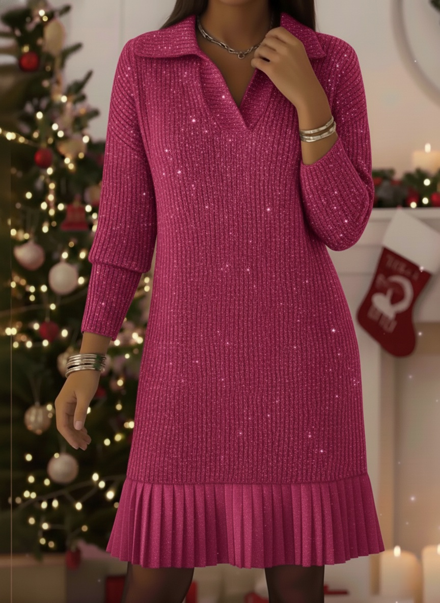 Women's Elegant Polo Neck Shimmering Knit Dress
