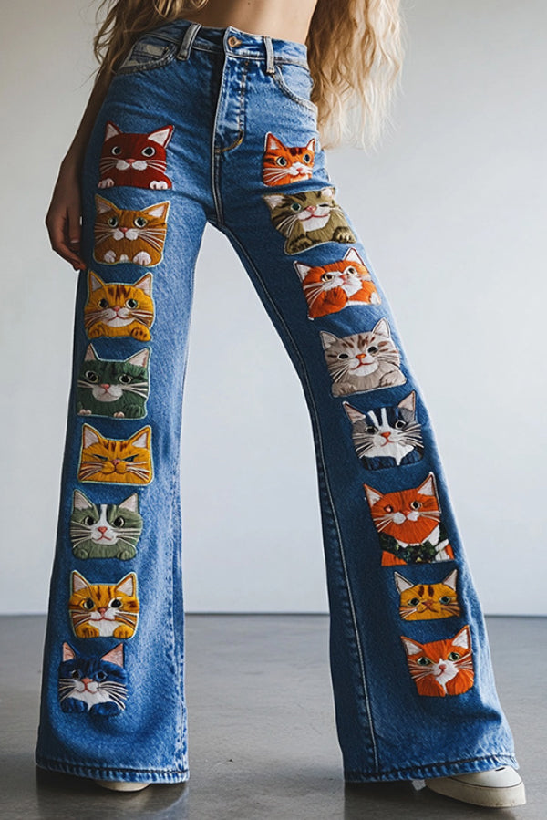Unique Printed High-waisted Pocket Casual Flared Jeans - Seldom Seen Styles