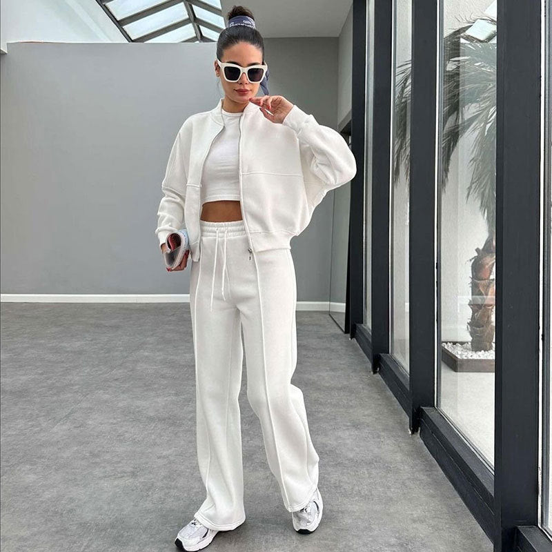 Women's Solid Zip Up Crop Jacket & Drawstring Waist Pants Two-piece Set, Casual Fashion Drop Shoulder Long Sleeve Top & High Waist Trousers Womenswear Suits for Outdoor Wear, Women's Clothing for Spring & Fall 90s Clothes - Seldom Seen Styles