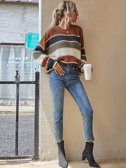 Women's Colorblock Striped Print Drop Shoulder Sweater, Soft Casual Long Sleeve Round Neck Jumper for Fall & Winter, Fashion Ladies' Knitwear for Daily Wear