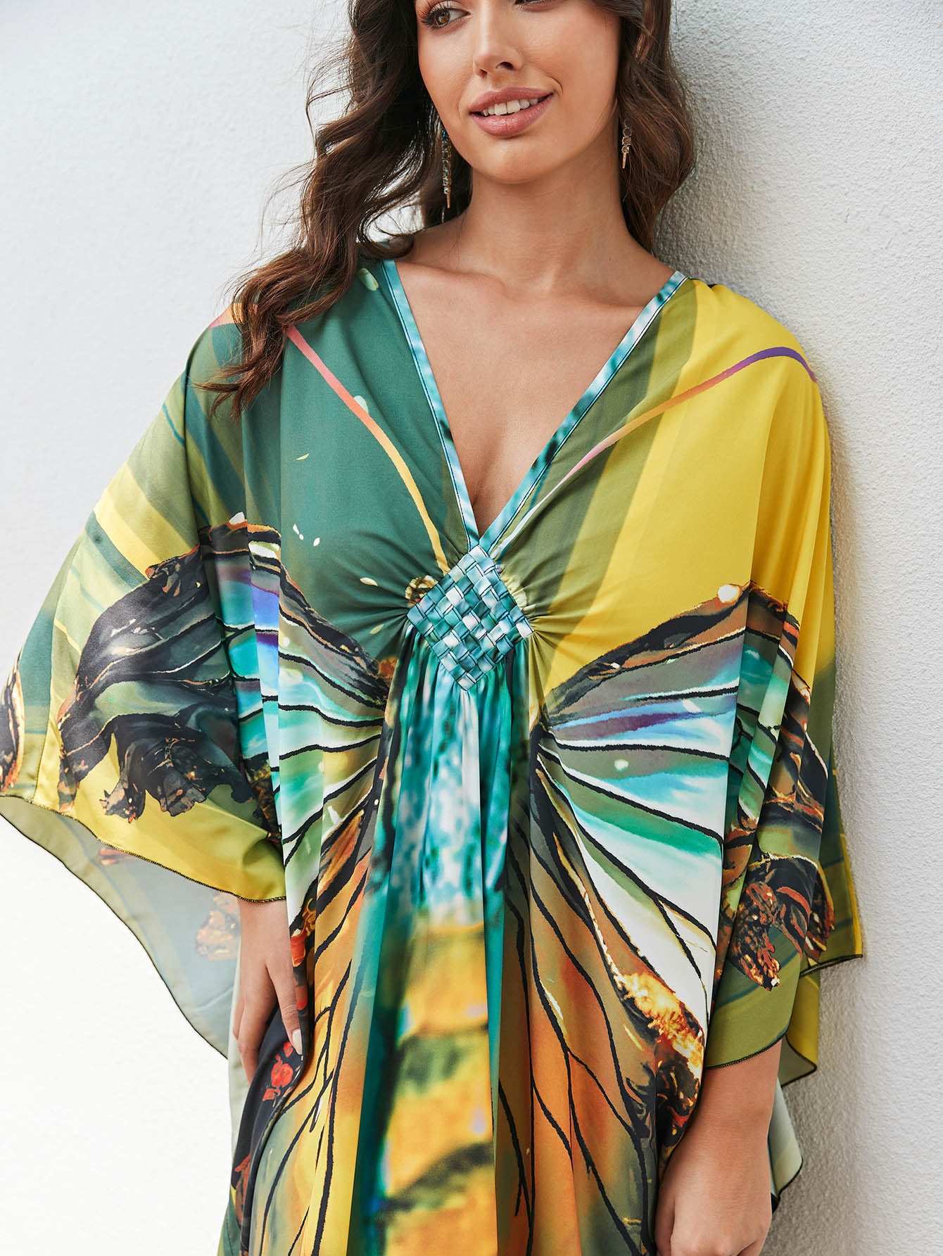 [Plus Size] Butterfly/feather Print Ruched Split Hem Tunic Dress, Valentine's Day Elegant Batwing Sleeve V Neck Long Dress for Summer, Casual Womenswear, Gift, Homecoming Dresses, Women's Clothes for Beach Holiday Vacation, Moo Moo Dresses