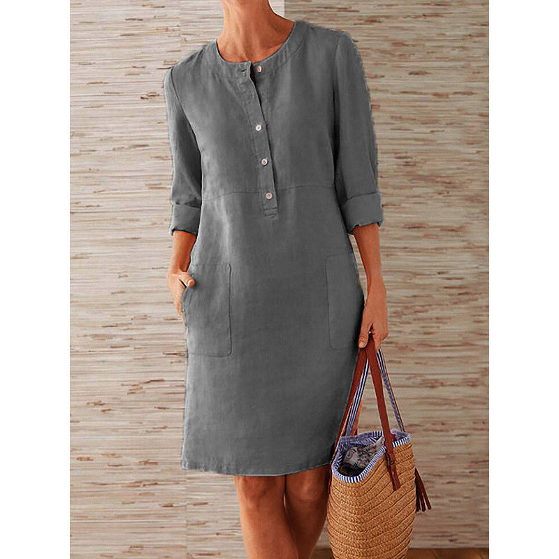 2024Cross-Border Spring New Amazon AliExpress Popular plus Size Women's Clothing Cotton and Linen round-Neck Long-Sleeved Dress