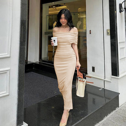 2024Spring European and American off-Shoulder Pleated Dress Slim Fit Slimming Slit Base Skirt Formal Dress