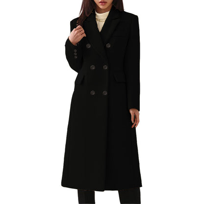 Women's Notch Lapel Double Breasted Wool Blend Mid Long Pea Trench Coat