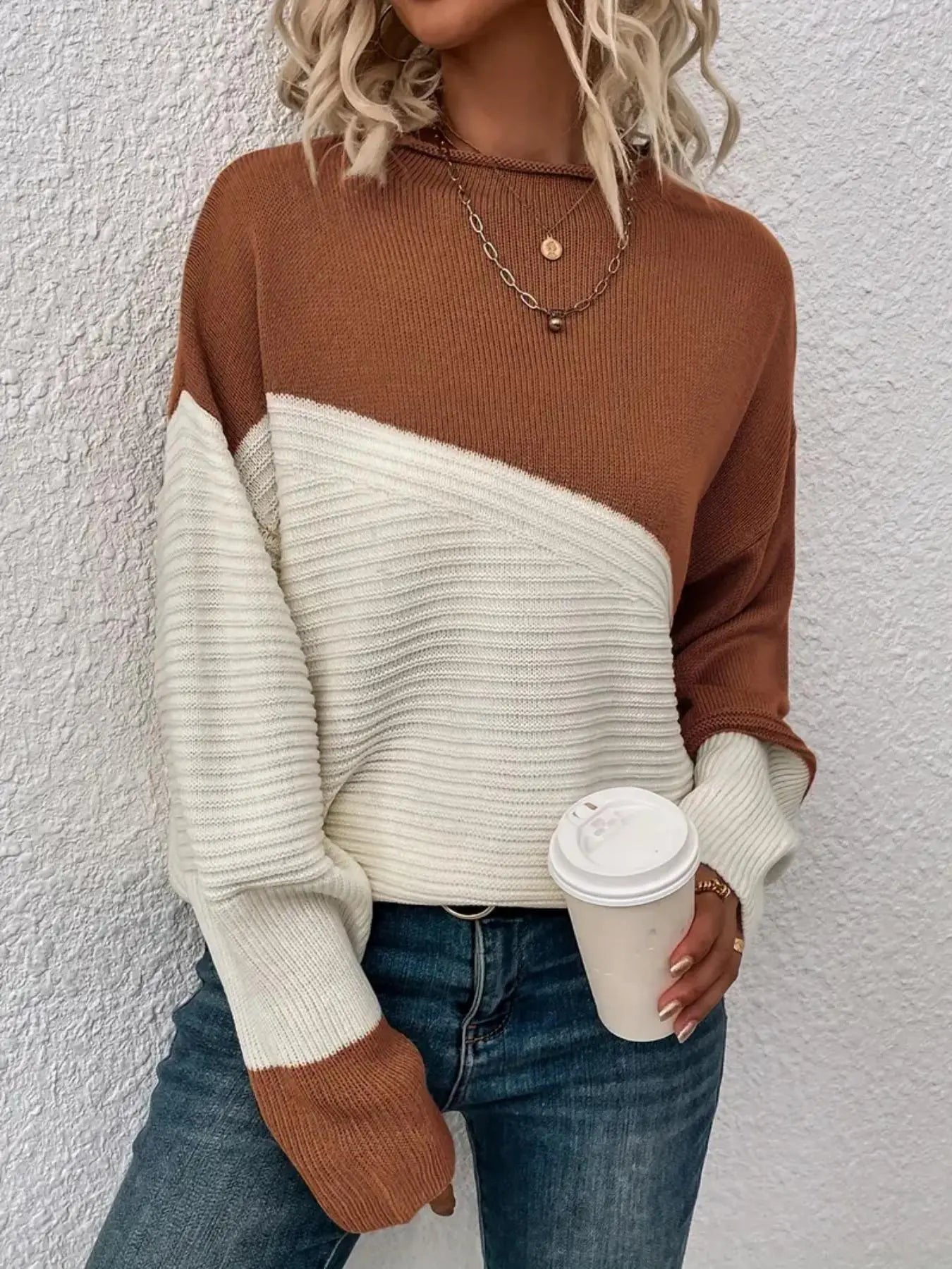 Women's Colorblock Drop Shoulder Sweater, Casual Long Sleeve Round Neck Jumper, Ladies' Knitwear for Everyday Wear, Sweaters for Women, Womenswear - Seldom Seen Styles