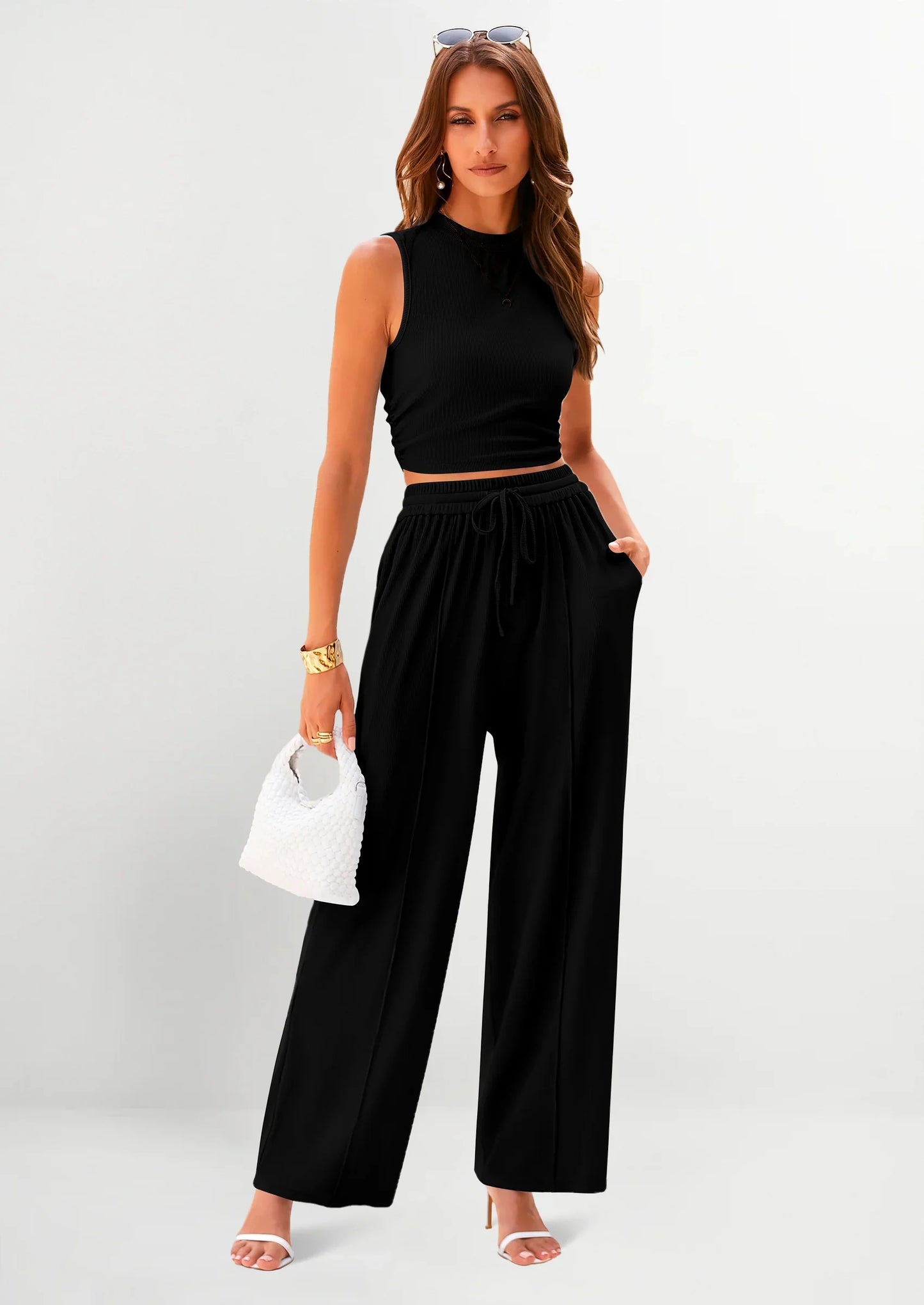 Women's Ribbed Sleeveless Two-Piece Set | Resort Style Casual Suit - MATCHING MASTER