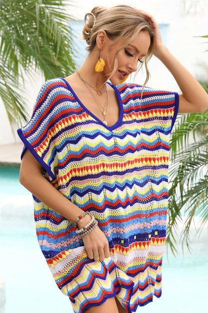 Rainbow Stripe Scalloped V-Neck Cover-Up Dress