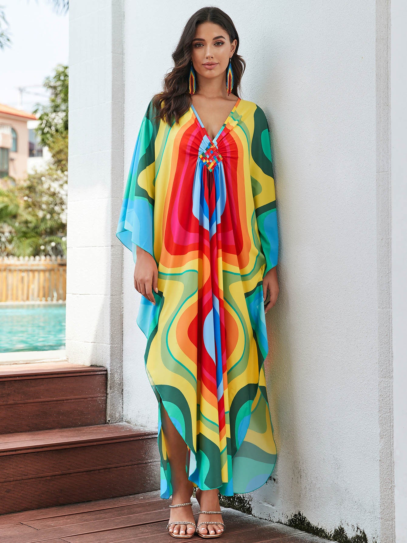 [Plus Size] Butterfly/feather Print Ruched Split Hem Tunic Dress, Valentine's Day Elegant Batwing Sleeve V Neck Long Dress for Summer, Casual Womenswear, Gift, Homecoming Dresses, Women's Clothes for Beach Holiday Vacation, Moo Moo Dresses