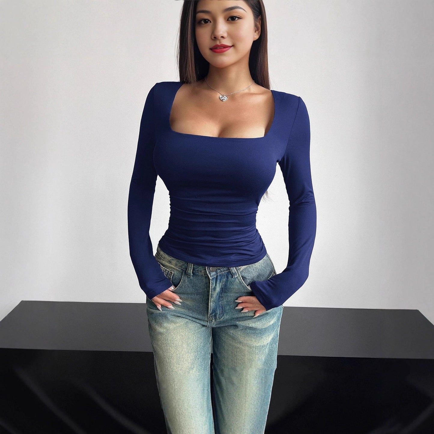 Women's Square Neck Long Sleeve Fitted Top