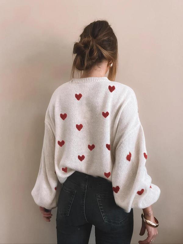 Women's All Over Heart Print Drop Shoulder Sweater, Casual Long Sleeve Round Neck Jumper for Fall & Winter, Fashion Ladies' Knitwear for Daily Wear - Seldom Seen Styles