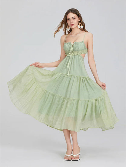 Summer Women Flowy Long Dress Spaghetti Strap Cut Out Backless Ruffle A-Line Dress Bohemian Party Holiday Casual Sundress