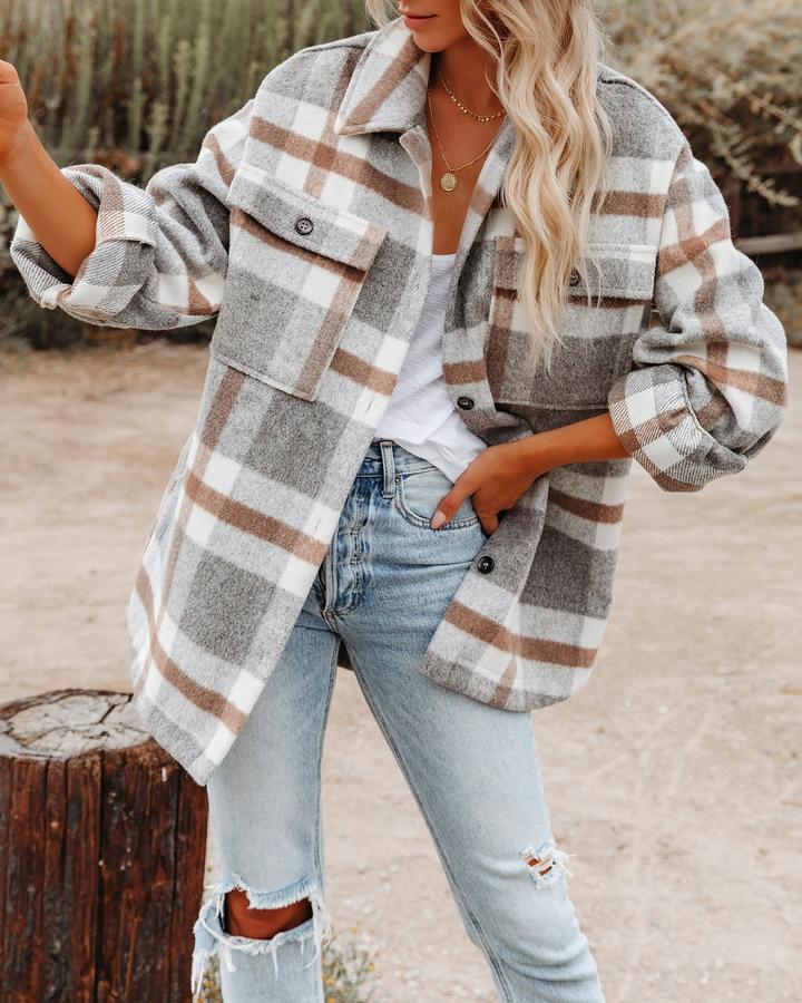 Amazon Autumn and Winter European and American Women's Clothing Autumn and Winter Long Sleeve Lapel Loose Plaid Wool Coat