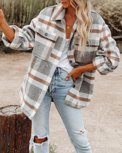 Amazon Autumn and Winter European and American Women's Clothing Autumn and Winter Long Sleeve Lapel Loose Plaid Wool Coat