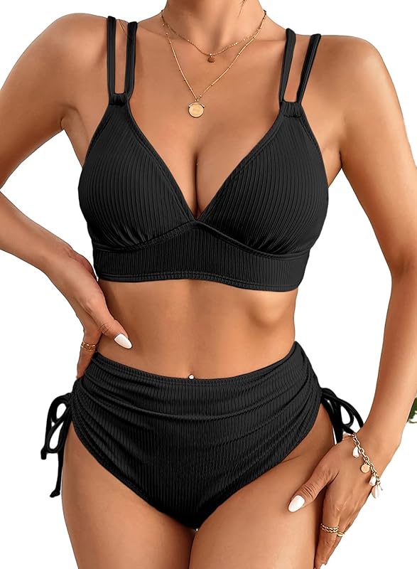 Women's Bikini Sets Two Piece Swimsuit V Neck High Waisted Ruched Tummy Control 2025 Summer Bathing Suit - Seldom Seen Styles