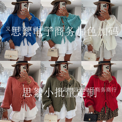 round Neck Tied Knitted Cardigan Jacket Autumn  Winter New Solid Color Commute Simple Sweater Women