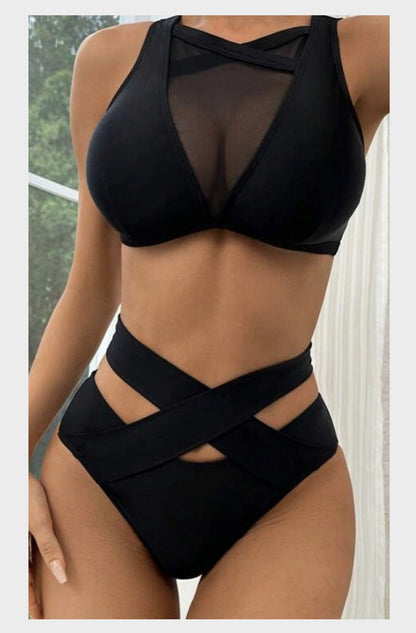 2024European and American Style New Sexy Solid Color Mesh Hollow Bikini bikini Women's Swimwear with Straps - Seldom Seen Styles