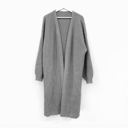 2024Autumn and Winter New Korean Style Solid Color Idle Style Sunken Stripe Long Knitted Cardigan Lantern Sleeve Sweater Women's Coat Fashion