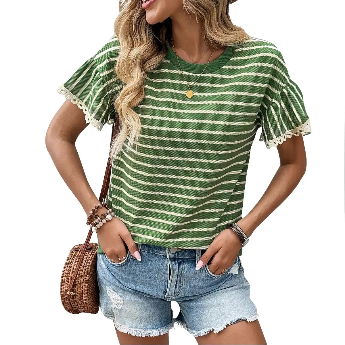 Shewin 2026 SummerVibes Women's Casual Striped Ruffle Sleeve Top - Round Neck Loose Fit Cotton Ribbed Knit T-Shirt with Lace Trimmed Flounce Sleeves for Daily Wear - Seldom Seen Styles
