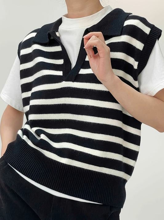 Women's Casual Striped Knit Vest with Lapel Collar - 100% Polyester Sleeveless Sweater for All Seasons