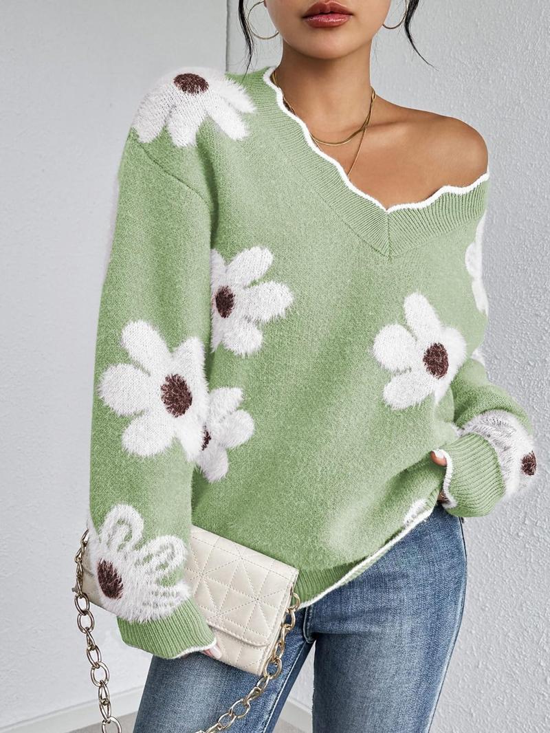 Women's Floral Pattern Scallop Trim Drop Shoulder Sweater, Casual Long Sleeve V Neck Jumper for Fall & Winter, Fashion Ladies' Knitwear for Daily Wear - Seldom Seen Styles