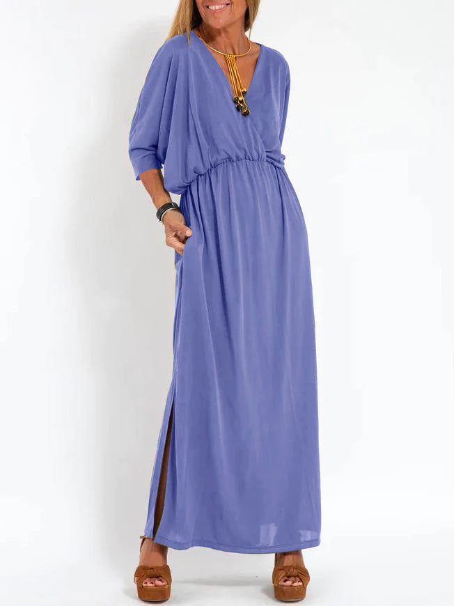 Women's Casual Solid Color V Neck Slit Dress - Seldom Seen Styles