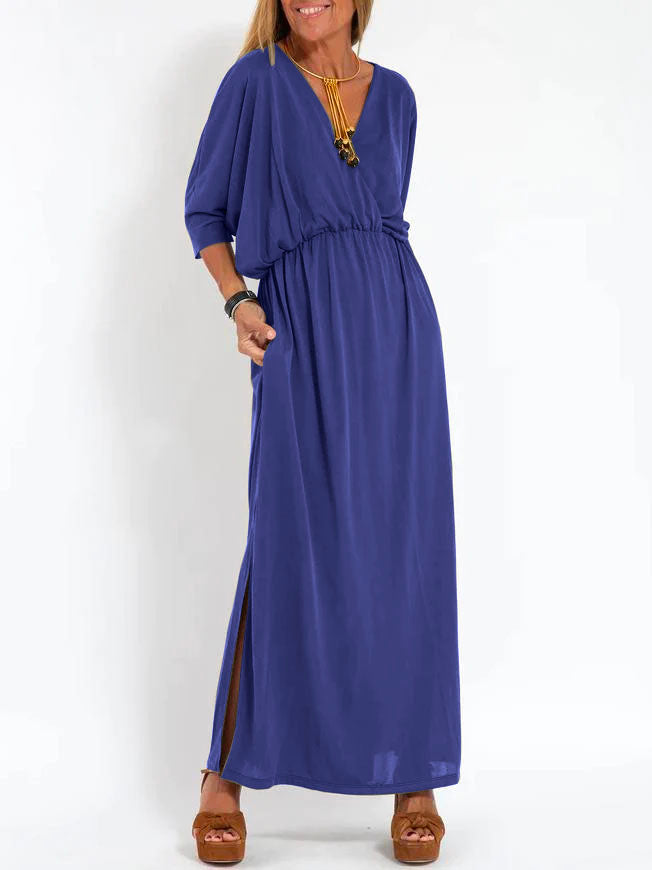 Women's Casual Solid Color V Neck Slit Dress - Seldom Seen Styles
